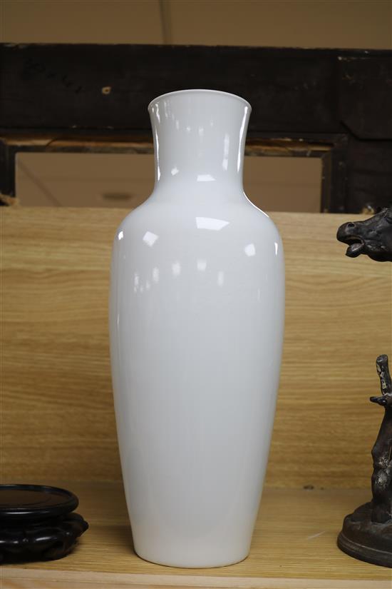 A Chinese blue and white vase, Mao Tse Tsung poem 1966 hidden within the body of the vase, wood stand height 37cm